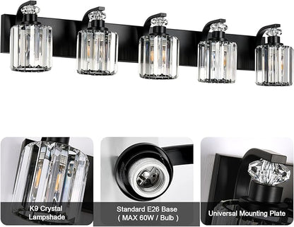 Black Bathroom Light Fixtures with K9 Crystal Lampshade Bathroom Lighting Over Mirror Vanity Lights for Living Room,Bedroom,Restroom,Hallway 5 Lights