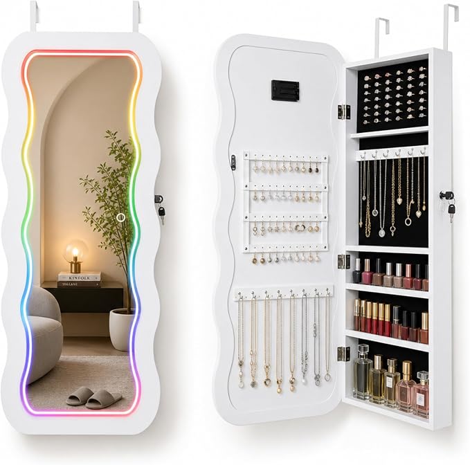 Fiqevs RGB Mirror Jewelry Cabinet, Remote Control LED Wavy Wall Door Mirror | Hanging Mirror with Storage, Full-Length, Lockable, Jewelry Organizer with Lighted Mirror, White Jewelry Armoire