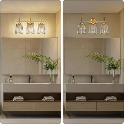 Crystal Bathroom Light Fixtures Over Mirror, Gold 3-Light Bathroom Vanity Lights Over Mirror Modern Wall Lighting Sconces with Ceramic E26 Base (Bulbs Not Include)
