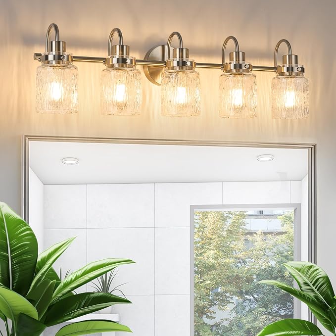 5 Lights Bathroom Vanity Light, Brushed Nickel Bathroom Light Fixtures with Hammered Glass Lampshade for Dressing Table,Over Mirror,Hallway