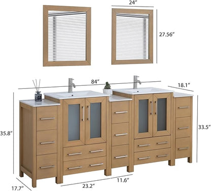 HOMEBEYOND 84 Inch Modern Bathroom Vanity with Sink & Mirror, Double Sink Vanity Cabinet with Basin and Mirror, Dove-Tailed Drawers, Soft-Closing Doors, Wood, Natural Oak