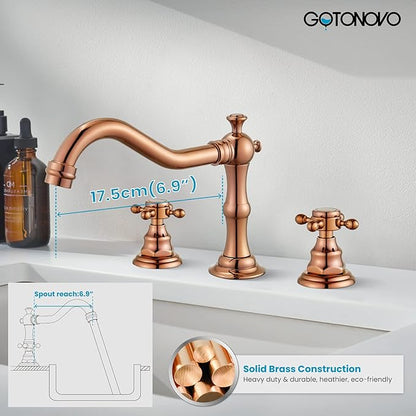 gotonovo 3 Hole Widespread Bathroom Sink Faucet Double Cross Handle Mixer Tap Faucet for Bathroom Sink Vanity Faucet Deck Mount Basin Hot Cold Water Matching Pop Up Drain Rose Gold