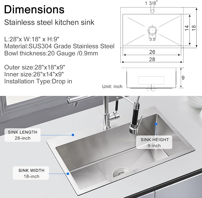 28"x18" Drop-In Kitchen Sink 304 Stainless Steel Brushed | 28 inch Drop in Sink | 304 SS Handmade | Topmount | 9" Deep Bowl | Drain Kit Included | Family Kitchen/Prep | Large Capacity