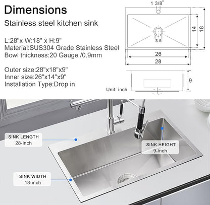 28"x18" Drop-In Kitchen Sink 304 Stainless Steel Brushed | 28 inch Drop in Sink | 304 SS Handmade | Topmount | 9" Deep Bowl | Drain Kit Included | Family Kitchen/Prep | Large Capacity