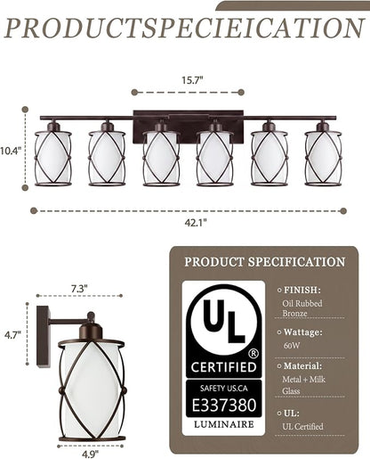 6-Light Oil Rubbed Bronze Bathroom Light Fixtures with Milk Frosted Glass, 42" Modern Bathroom Vanity Lighting Fixtures Over Mirror with Metal Cage, Wall Sconce Lights for Bath, CH9176ORBW-6W