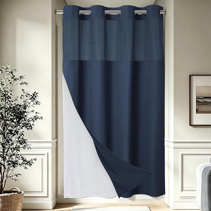 EUTXL Heavyweight Navy Blue Stall No Hook Shower Curtain with Snap in Liner,256GSM Waffle Weave Shower Curtains for Bathroom,54W x 80H