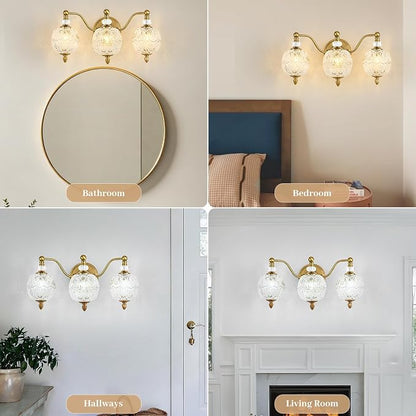 Vintage Bathroom Vanity Light, 3-Light Mid Century Brushed Gold Finish Wall Sconce with Globe Glass Shades, Retro Mirror Light for Bathroom, Powder Room
