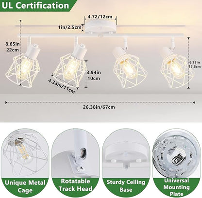 4-Lights Kitchen Light Fixtures Ceiling Mount, Adjustable Multi-Directional White Flush Mount Ceiling Light Fixture with Metal Cage, Modern Spot Ceiling Lamp for Hallway, Dining Room, Bedroom
