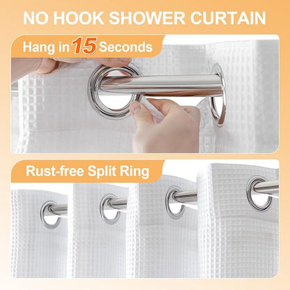 River Dream Cotton Blend No Hook Shower Curtain with Liner, White, 71x78 | with Snap in Liner, Heavyweight Waffle Fabric, Hotel Grade for Bathroom, Water Repellent, Corner Magnets, Machine Washable
