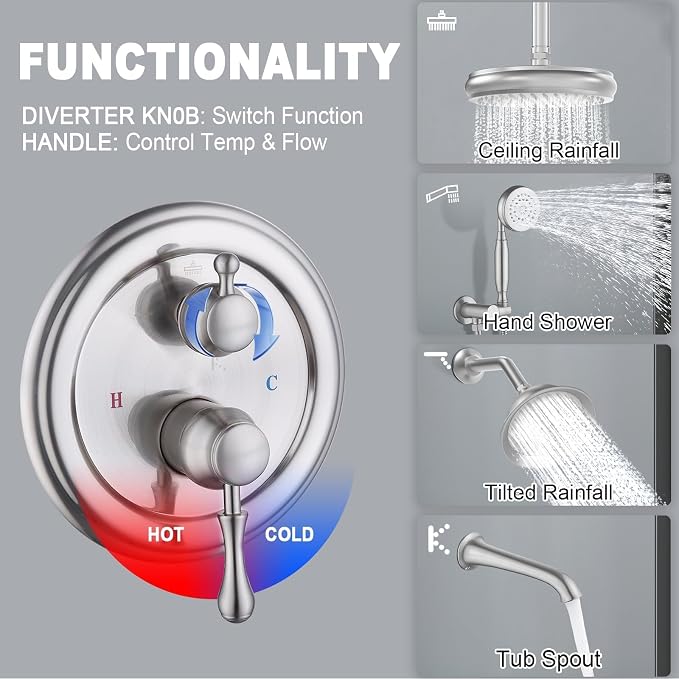 Enga Antique Shower Faucet Sets Dual Heads with Tub Spout 8" Ceiling & 6" Wall Mount Vintage Shower Head Handheld Spray Combo, 4 Way Diverter Brass Rough in with Trim Kit, Brushed Nickel