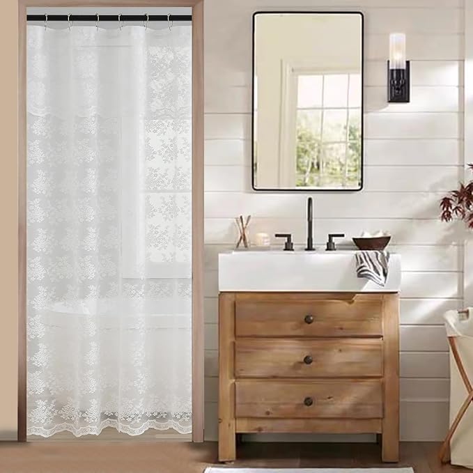 TUDECO White Lace Stall Shower Curtain with Valance 36''W x 72''L | Half Size, for Narrow RV Bathroom, French Country, Floral Pattern, Sheer, Reinforced Holes, Machine Washable