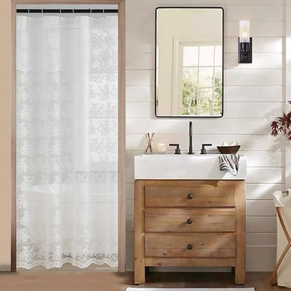 TUDECO White Lace Stall Shower Curtain with Valance 36''W x 72''L | Half Size, for Narrow RV Bathroom, French Country, Floral Pattern, Sheer, Reinforced Holes, Machine Washable