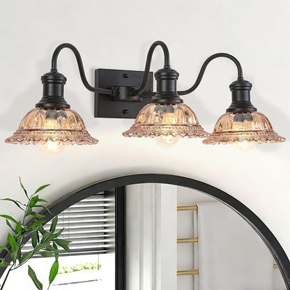 Farmhouse Vanity Lights 3-Light, Black Bathroom Light Fixtures with Amber Glass Shade, Vintage Vanity Lights Over Mirror, Farmhouse Wall Sconce for Bathroom, Vanity Table, Foyer