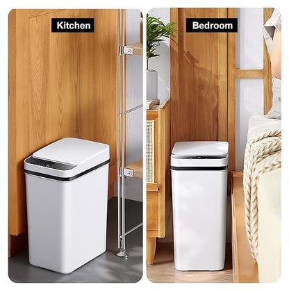 3 PACK - Bathroom Garbage Can with a Lid - 2.5 Gallon Automatic Trash Cans | Bedroom, Office - Small Smart Trash Can Touchless - Plastic, Narrow, Auto Open - Motion Sensor Trash can Bathroom ( White )