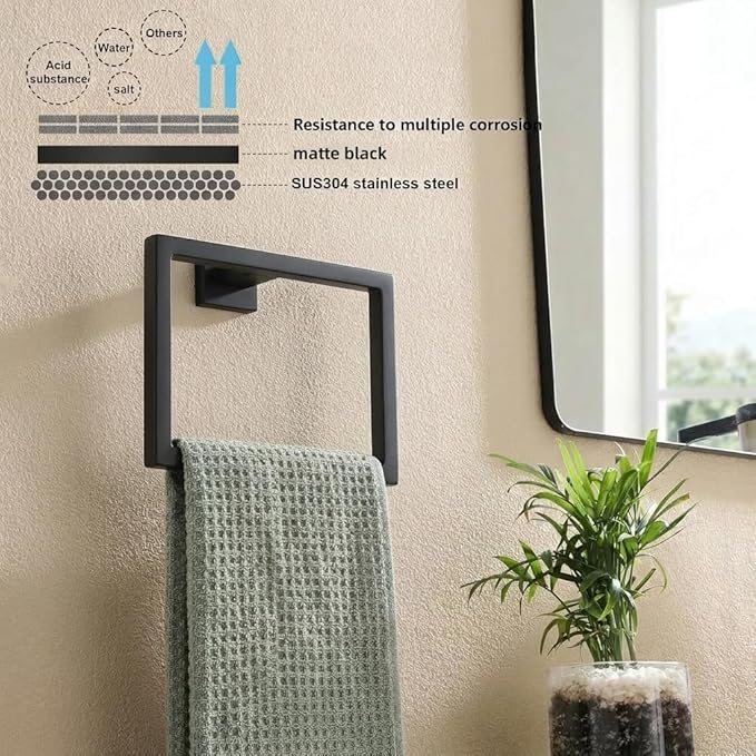 Matte Black Bathroom Hardware Set, 5-Piece Premium SUS304 Stainless Steel Bath Accessories, 23.6 Inch Black Towel Bar Rack, Heavy Duty Square Fixtures for Modern Home