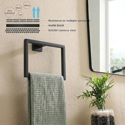 Matte Black Bathroom Hardware Set, 5-Piece Premium SUS304 Stainless Steel Bath Accessories, 23.6 Inch Black Towel Bar Rack, Heavy Duty Square Fixtures for Modern Home