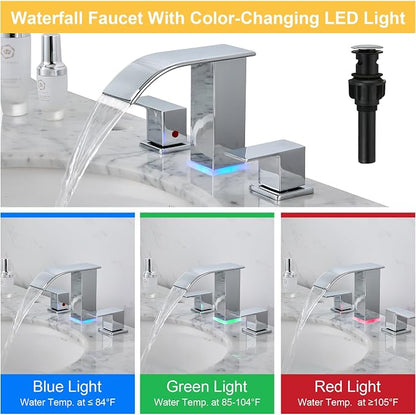 LED Bathroom Faucet 3 Hole, Chrome Waterfall Bathroom Faucets, 8 Inch Widespread Modern Bathroom Sink Faucet & Parts, Wide Spread Touch On Three Hole 2 Handle 3 Piece Bathroom Vanity Faucet