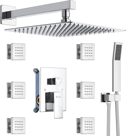 DASAN Full Body Shower System with 6 PCS Body Spray Jets & 12'' Rain Overhead Shower & Handheld, In Wall Rain Shower System Polished Chrome Shower Faucets Sets Complete with Valve, SA-SS03ACH-S12W