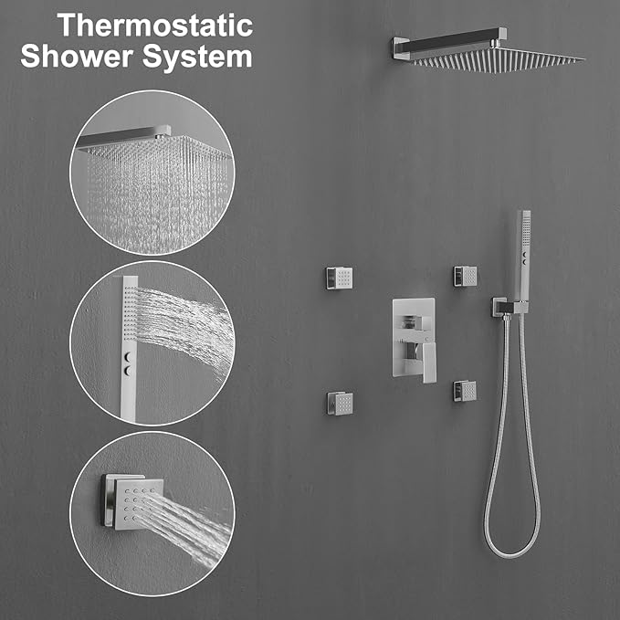 RUMOSE Rainfall Shower System with 4 Body Jets Wall Mounted 4 Mode Shower Faucet Set with 12 Inch Rain Shower Head and 2 in 1 Handheld Spray, Brushed Nickel Brass Shower Fixtures, Rough-in Valve