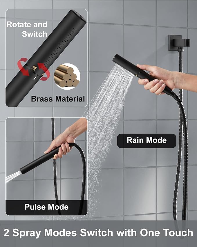 Aolemi Shower System with Rain Head and Handheld,12-Inch,Matte Black | High-Pressure Shower Faucet Set with Dual-Function Handheld,Rough-In Valve,1.8 GPM,Ceiling Mount Trim Kit