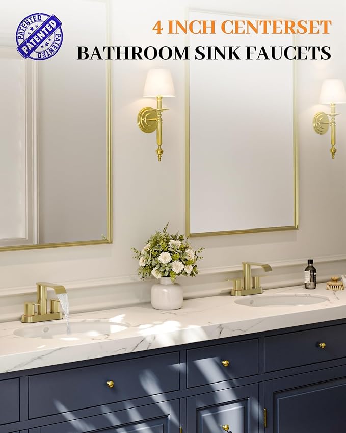 Homevacious Brushed Gold Bathroom Faucets Waterfall 4 Inch Centerset | Bathroom Sink Faucet Stainless Steel with Pop up Sink Drain Supply Hose Basin Mixer Tap for Vanity RV 2 or 3 Hole Sink