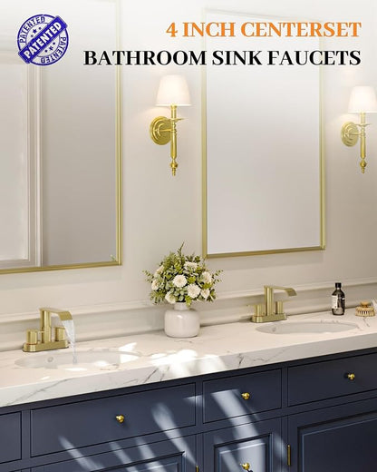 Homevacious Brushed Gold Bathroom Faucets Waterfall 4 Inch Centerset | Bathroom Sink Faucet Stainless Steel with Pop up Sink Drain Supply Hose Basin Mixer Tap for Vanity RV 2 or 3 Hole Sink