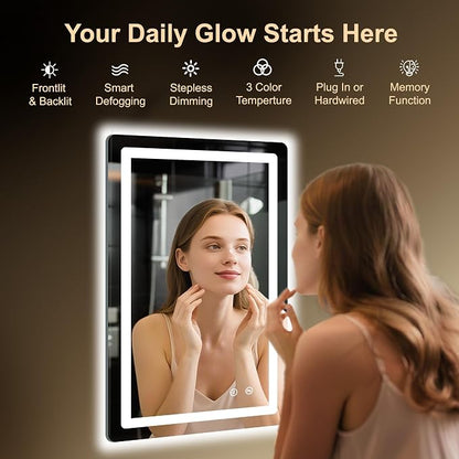 LED Bathroom Mirror, 20"x30" Bathroom Vanity Mirror with Lights | Smart Anti-Fog, Dimmable, 3 Color Modes, Backlit+Front Lit, Memory Function, HD Tempered Glass,Horizontal/Vertical,ETL Listed
