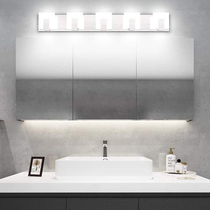 Aipsun 5 Lights Modern LED Bathroom Vanity Light Acrylic Stainless Steel Chrome Up and Down Bathroom Wall Light Over Mirror(White Light 6000K)