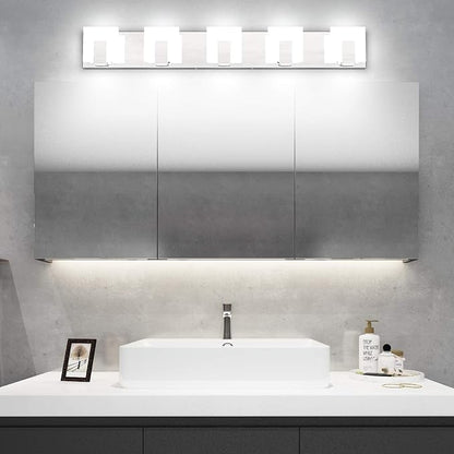 Aipsun 5 Lights Modern LED Bathroom Vanity Light Acrylic Stainless Steel Chrome Up and Down Bathroom Wall Light Over Mirror(White Light 6000K)
