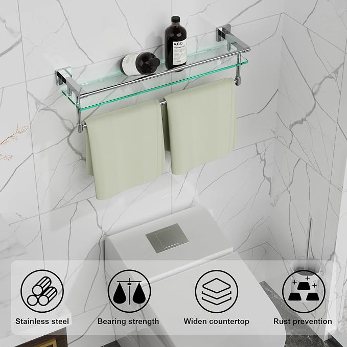 Bathroom Glass Shelf with Towel Rack Organizer Wall-Mounted Bathroom Storage SUS304 Stainless Steel Towel Bar/Track Wall-Mounted Tempered Glass Shelves (Chrome Polished, 20-inch)