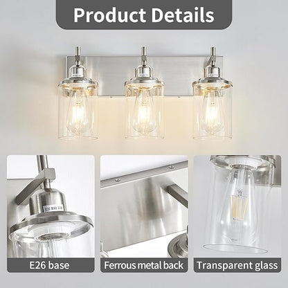 3-Light Brushed Nickel Bathroom Light Fixture Over Mirror Modern Bathroom Vanity Light Vintage Wall Lighting with Clear Glass Shade for Bathroom, Bedroom, Hallway, Cabinet