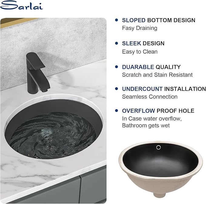 Sarlai Black Undermount Bathroom Sink - 19 x16 inch Oval Vessel Sink Under counter Lavatory Black Ceramic Vanity Sink with Overflow, Modern Art Basin, Interior Size 17-2/5" x 14-1/9"