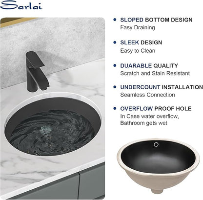 Sarlai Black Undermount Bathroom Sink - 19 x16 inch Oval Vessel Sink Under counter Lavatory Black Ceramic Vanity Sink with Overflow, Modern Art Basin, Interior Size 17-2/5" x 14-1/9"