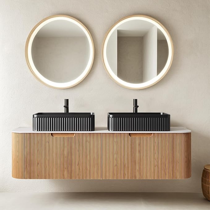 60" Floating Bathroom Vanity with Double Sink, Modern Bathroom Vanities with Marble Top and Rectangular Ceramic Sink, Soft-Close Design, Natural Solid Wood Cabinet, Pre-Assembled, Natural Wood