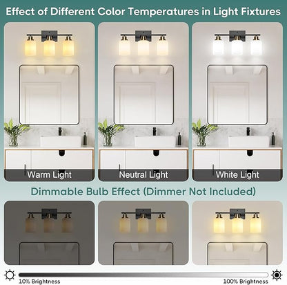 Ascher Bathroom Light Fixtures, 3-Light Vanity Light Over Mirror, Black and Gold Wall Sconces with Milky White Frosted Glass Shades, Wall Lamp for Living Room Bedroom, E26 Base(Bulbs Not Included)
