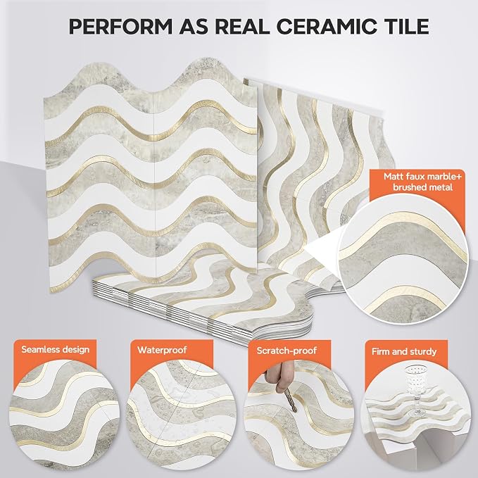 Vamos Tile Peel and Stick Backsplash Seamless Tile,Beige+White+Gold,10 pcs | Stick on Backsplash for Kitchen and Bathroom, PVC Mix Metal Gold Self Adhesive Wall Tiles,11.8''x10.15''