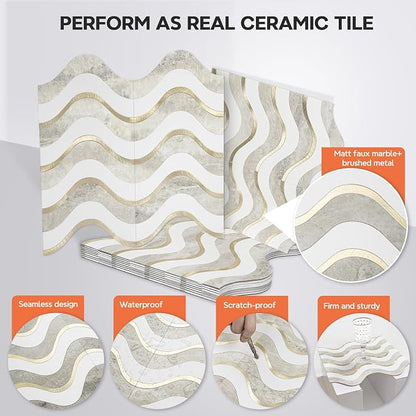 Vamos Tile Peel and Stick Backsplash Seamless Tile,Beige+White+Gold,10 pcs | Stick on Backsplash for Kitchen and Bathroom, PVC Mix Metal Gold Self Adhesive Wall Tiles,11.8''x10.15''