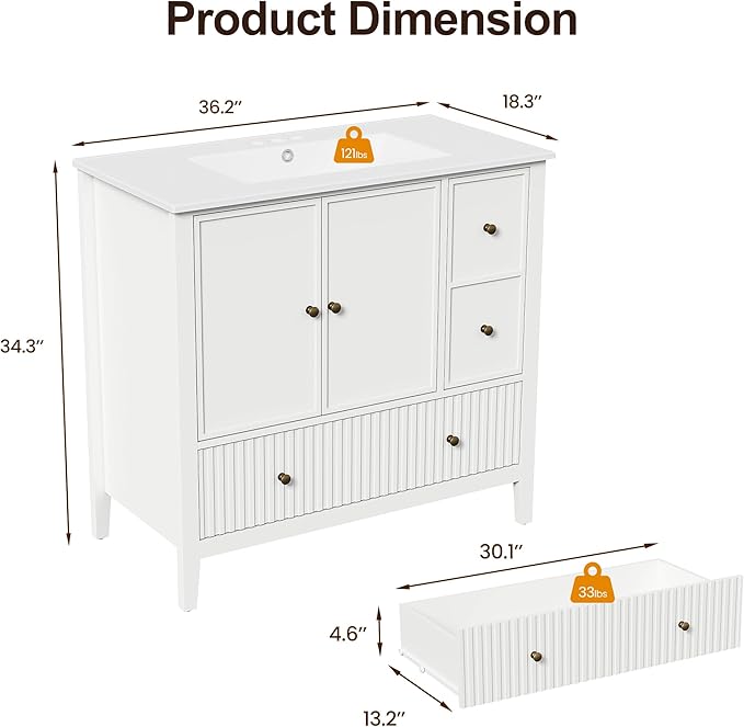 RoyalCraft 36'' Bathroom Vanity with Ceramic Sink Combo Set, Modern Wood Bathroom Cabinet with Soft Closing Doors and Fluted Drawers, Free Standing Storage Cabinet, White