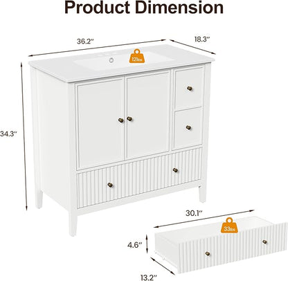 RoyalCraft 36'' Bathroom Vanity with Ceramic Sink Combo Set, Modern Wood Bathroom Cabinet with Soft Closing Doors and Fluted Drawers, Free Standing Storage Cabinet, White