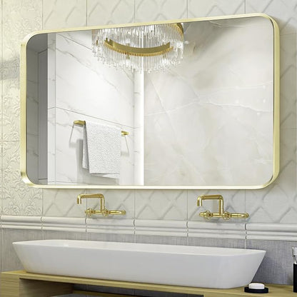 Gold Bathroom Mirror 30x48in, Metal Framed Rounded Rectangle Wall | Tempered Glass, Anti-Rust Frame, Hangs Horizontal or Vertical, HD Reflection Clarity