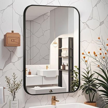 Matte Black Mirror, 30"x36" Rectangle Bathroom Mirror, Metal Frame Rectangle Corner Vanity Mirror, Wall Mounted Mirror for Modern, Living Room, Bedroom, Horizontal Or Vertical