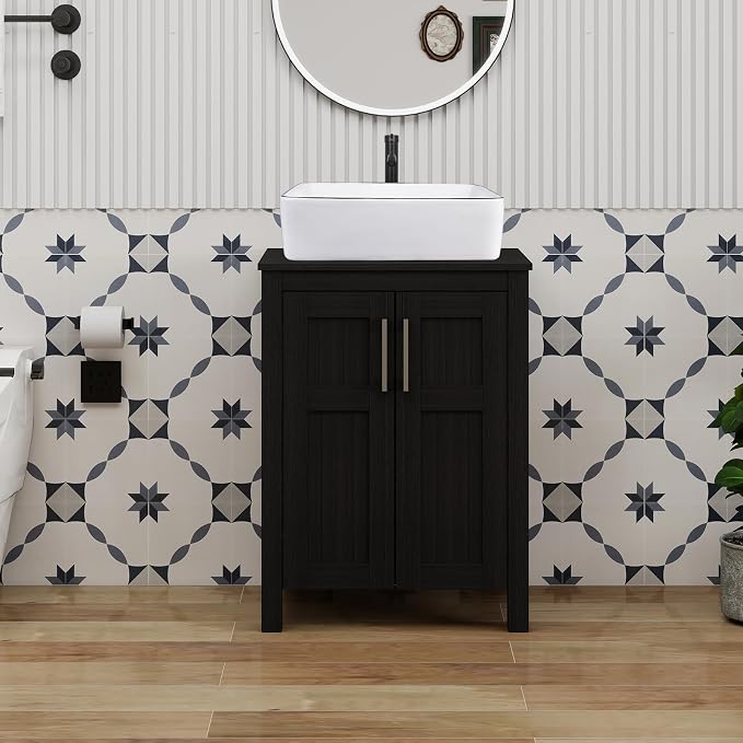 YOURLITE Bathroom Vanity with Sink,24" Black Bathroom Vanity Cabinet with White Ceramic Sink Faucet & Pop Up Drain Set