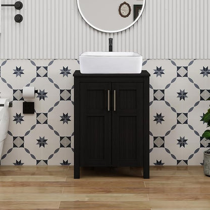 YOURLITE Bathroom Vanity with Sink,24" Black Bathroom Vanity Cabinet with White Ceramic Sink Faucet & Pop Up Drain Set