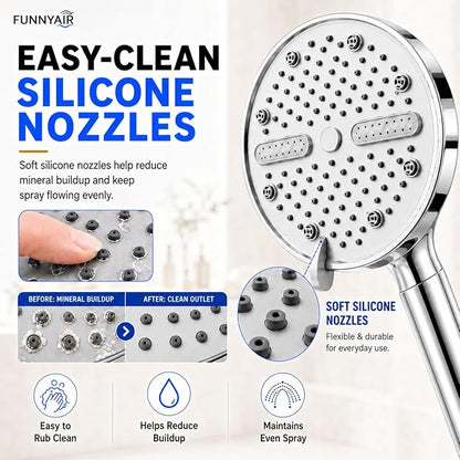 High Pressure Shower Head, Stick-on Low Mount Wall Bracket, Chrome | 5 Spray Modes, Water-Saving, 360° Adjustable Bracket, For Low Water Pressure Home, RV, Bathroom, Fix Firmly Kid-Friendly