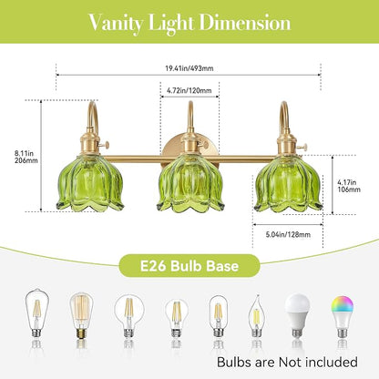 Bathroom Light Fixtures Over Mirror,3-Light Brushed Gold Vanity Lights with Green Tulip Glass Shades,Vanity Lighting Fixtures for Bathroom Bedroom Kitchen Living Room Hallway