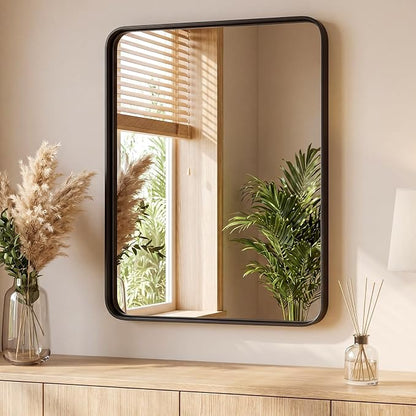 Sweetcrispy Bathroom Mirror 48x36 Inch, Vanity Mirror for Wall | Metal Framed Rounded Rectangle, Over Sink, Farmhouse, Restroom, Anti-Rust, Horizontal or Vertical Hanging, Black