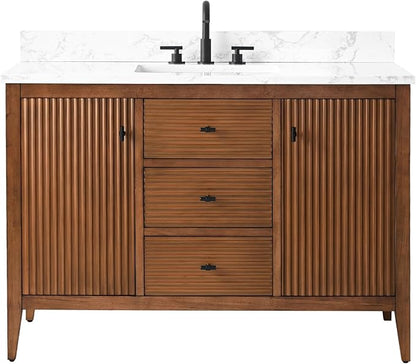 Vanity Art 48 inch Walnut Bathroom Vanity with Single Sink & Ceramic Top, Vanity Cabinet with Soft-Closing Door, Solid Wood Frame, Linear Pattern, Walnut, VA9148-Walnut-MB,Matte Black Handles