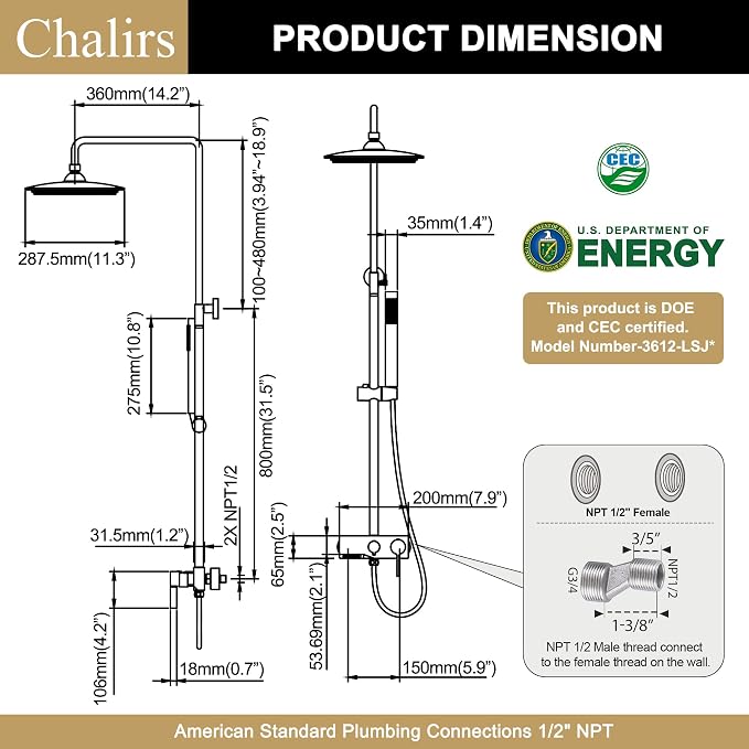 Matte Black Exposed Shower System with 2 Modes HandHeld,3 Functions Tub Shower Faucet Sets with Brass Valve, Shower Fixture with 10 Inches Rainfull Shower Head,Shower Height Adjustable