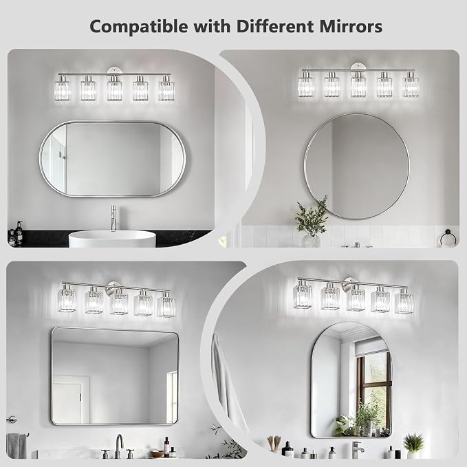 5 Light Bathroom Light Fixtures, Modern Crystal Vanity Lights over Mirror | Metal Frame, Bathroom Light with Square Crystal Shade, ETL Certified, E26 Ceramic Socket, Bulbs Not Included