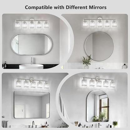 5 Light Bathroom Light Fixtures, Modern Crystal Vanity Lights over Mirror | Metal Frame, Bathroom Light with Square Crystal Shade, ETL Certified, E26 Ceramic Socket, Bulbs Not Included